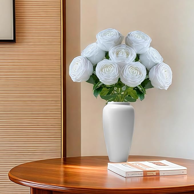 5Pcs White Real Touch Artificial Austin Rose Peony Silk Flowers with Stems - Lifelike Latex Fake Roses for Home Decor, Weddings, and DIY Floral Arrangements