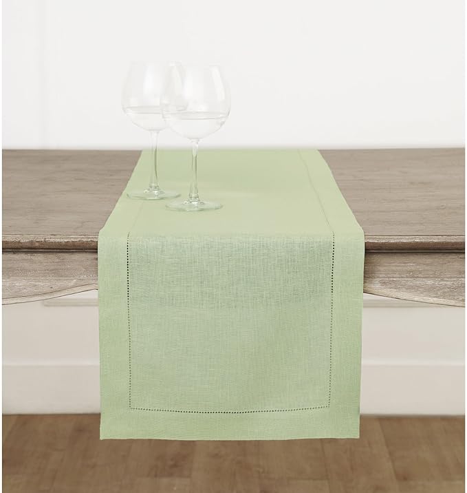 Solino Home Linen Sage Green Table Runner 144 Inches Long - 100% Pure Linen Extra Long Table Runner 14 x 144 Inch for Spring, Easter, St Patricks Day - Classic Hemstitch