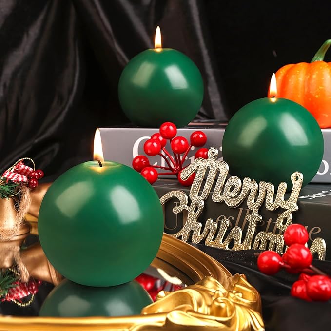 3 Inch Green Round Ball Candles,Elegant Round Pillar Candles,Hand-Poured Natural Soy Candles,26 H Long Burning Time-Dripless Smokeless Candle Dinner Table,for Wedding,Christmas Home Decor 4 Pack