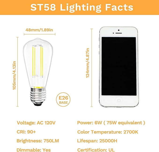 Edison Bulbs E26 Medium Base 2700K Soft White, 750LM ST58 Vintage LED Filament Bulb Clear Glass, Equivalent 75W Dimmable Lights Bulb 90+ CRI for Chandeliers, Pendants, Wall Sconces, 18 Pack