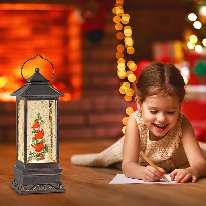 Cardinal Snow Globe, 12 Inch Musical Snow Globe Lantern, Lighted Christmas Snow Globes with Swirling Glitter, USB and Battery Operated Lantern for Home Decor, Christmas Decoration