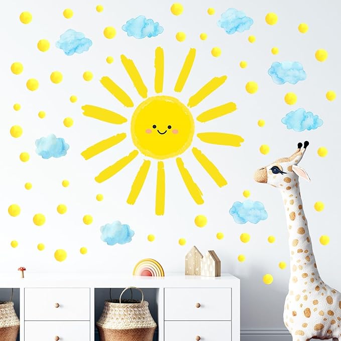 Sun Wall Decals Watercolor Cloud Wall Stickers for Kids Room, 12 Sheets Large Sun Cloud Wall Decor Posters Polka Dots Wall Stickers Home Decorations for Girls Room Bedroom Play Room