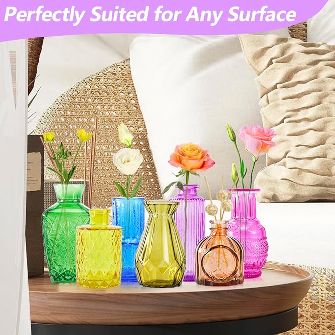 12 Pack Glass Bud Vases, Colorful Bud Vase Set, Colored Small Vases for Flowers, Mini Vintage Glass Flower Vase in Bulk for Centerpieces Wedding Home Office Table Party Decor