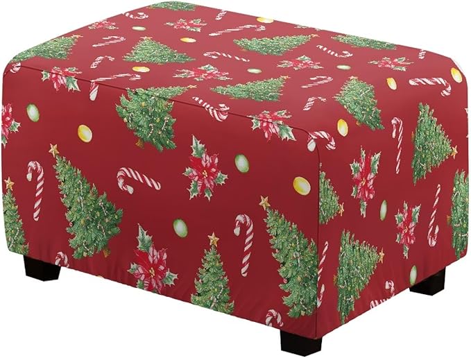 Ottoman Cover Rectangular Christmas Tree Candy Cane Stretch Ottoman Slipcovers Nonslip Storage Footrest Stool Cover Easy Install Furniture Protector for Foot Stool Decor Size L