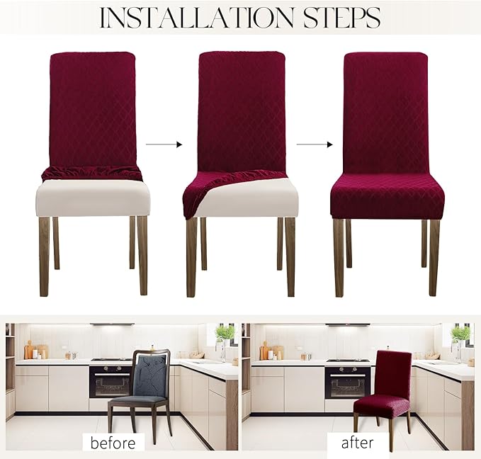 MOSAYT 100% Waterproof Dining Room Chair Covers Set of 6, Super Fit Stretch Jacquard Parson Chairs Slipcovers Removable Washable Chair Seat Protectors for Home, Kitchen, Banquet (Burgundy - XL)