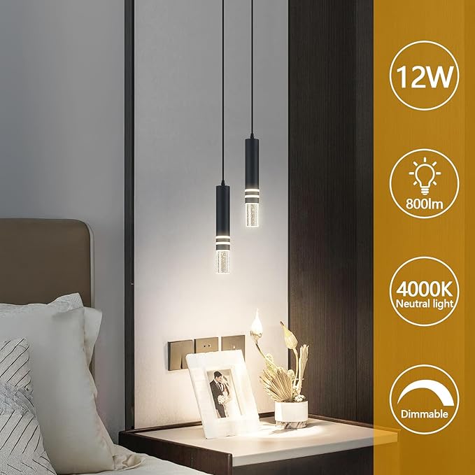 Pendant Lights Kitchen Island, Crystal Pendant Light Fixtures Mini 12W LED Modern Kitchen Pendant Lighting Over Sink and Living Room and Bedroom (Black 2 Light)