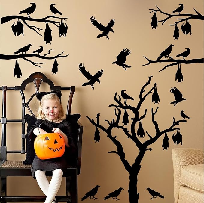Large Halloween Window Stickers Halloween Tree Walls Decals Bats Stickers Black Bird Crow Decals Peel and Stick Halloweens Tree Branch Wall Art Sticker Halloweens Vinyl Decor for Party Supply Gift
