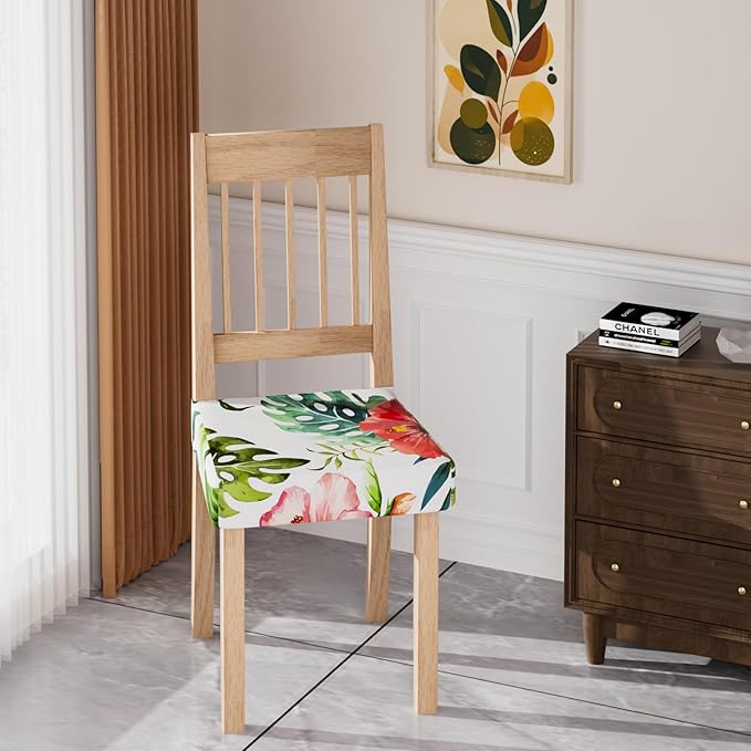 Stretch Dining Chair Seat Covers Set of 6,Dining Chair Slipcovers, Floral Printed Chair Covers,Soft Fabric Washable Upholstered Chair Seat Protector, No Rear Covers for Home Kitchen Dining Room