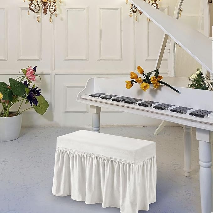 NICEEC Spandex Stretch Piano Bench Cover with Skirt Removable Ottoman Cover Rectangular Washable Stool Slipcover for Duet Piano Bench Seat Cushion Protector(White)
