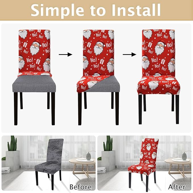 SearchI Christmas Chair Covers Set of 6, Stretch Xmas Kitchen Chair Cover Removable Washable Holiday Parsons Chair Slipcovers for Dining Room, Christmas Decoration, Ceremony(Santa Claus)