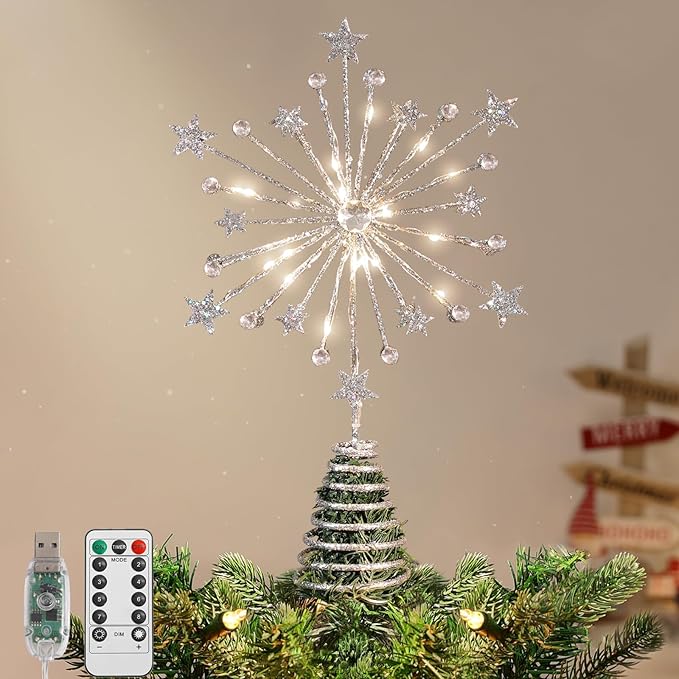 Lewondr Christmas Tree Topper, 13'' Metal Twinkly Xmas Starburst Tree Topper with 20 LED Bulbs, USB Powered Lighted Star Treetop for Christmas Ornament, Remote Control, 6H Timer, 8 Light Modes, Silver