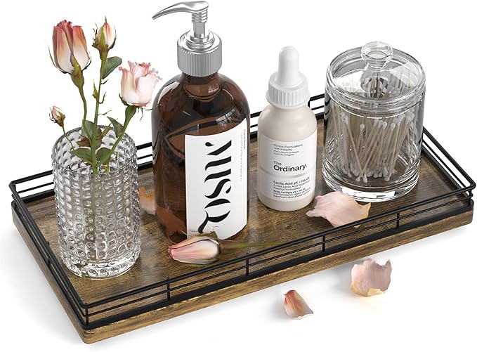 Bathroom Vanity Tray – 12" x 6" Decorative Wooden Tray for Toilet Tank Organizer Wood Tray for Bathroom Countertop, Soap, Perfume & Accessories Storage Vanity Dresser Decor Black & Rustic Brown