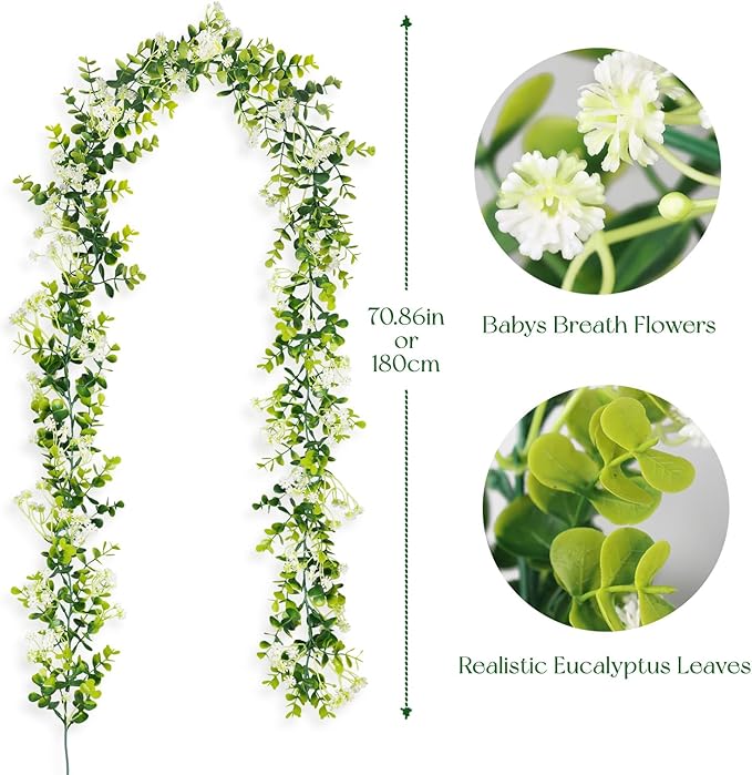6FT Eucalyptus Garland with Flowers, 8 Pack Artificial Greenery Garland Hanging Faux Eucalyptus Garland Suitable for Table Wedding Backdrop Arch Wall Party UV Protected Indoor Outdoor Decor
