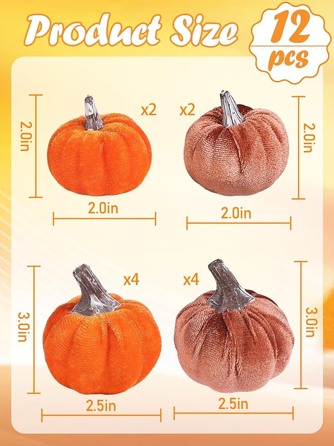 12pcs Fall Pumpkins Decor Set,Artificial Mini Pumpkins for Decorating, Velvet Mixed Color Fall Pumpkin Decorations for Thanksgiving Harvest Table Centerpieces Home Decor(Orange& Brown)