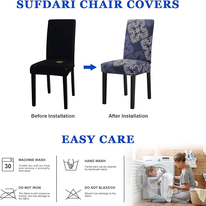 Sufdari Dining Chair Covers,Kitchen Chair Cover,Parsons Chair Slipcover,Spandex Chair Protectors for Dining Room Stretch Chairs Cover Set of 6 -Blue Geometric