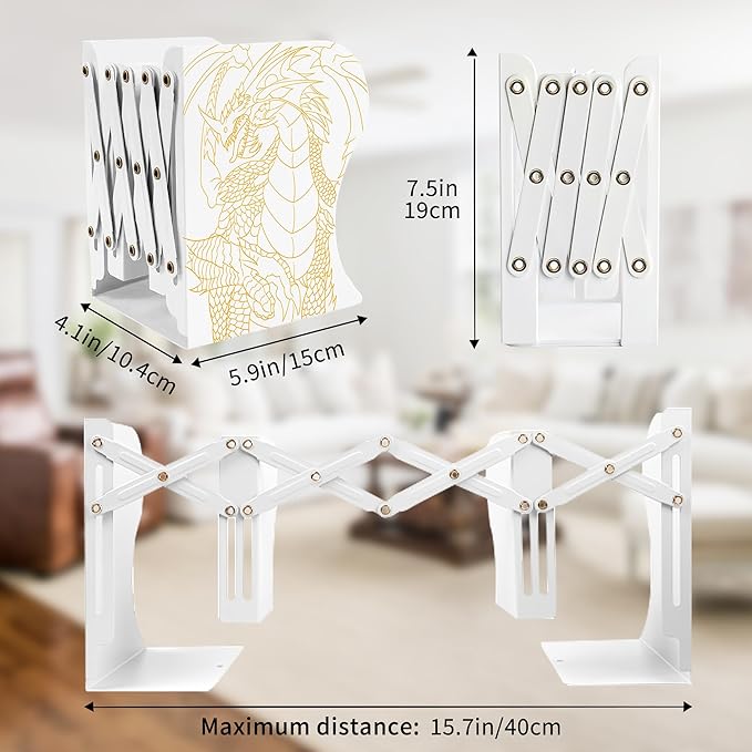 Dragon Bookends, Adjustable Bookends, Unique Book Holders for Shelves, Metal Book Ends for Heavy Books, Non-Skid Book Stander for Desk, Shelf, Office, Stationery Gift (White 2)