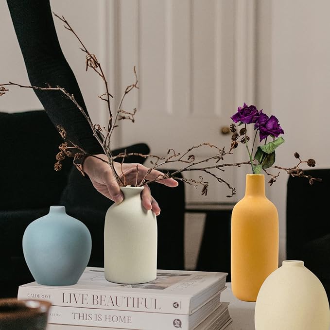 Ceramic Vase Set of 4,Small Vases for Dried Flowers&Pampas Grass,Vase for Home Decor,Modern Farmhouse Decor,Morandi Color Ceramics Decoration for Centerpieces for Tables