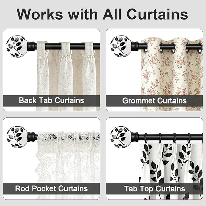 Ceramic Black Curtain Rods for Windows 28 to 48 Inches Adjustable Length Heavy Duty 1" Diameter Window Curtain Rod with Modern Leaf Pattern Decorative Finials for Bedroom Kitchen Living Room