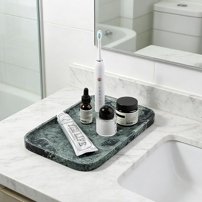 Koville Marble Tray, 12"x8" Natural Marble Vanity Tray for Countertop Bathroom Kitchen Dresser, Decorative Marble Catchall Trays for Perfume Jewelry, Rectangular Stone Serving Tray(Green)