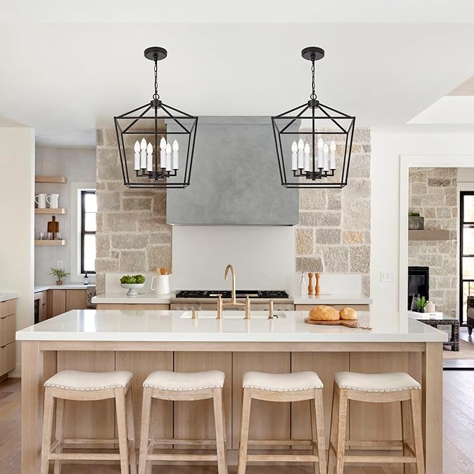 MELUCEE Vintage Lantern Pendant Light 6 Light Industrial Cage Chandelier with E12 White Candle-shaped Base Oil Rubbed Bronze Rustic Geometric Hanging Light Fixture for Kitchen Island Foyer Dining Room
