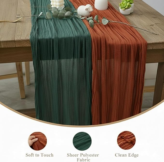 Cheesecloth Table Runner 2 Pack Terracotta and Dark Green, Boho Gauze Table Runner 10Ft 120 Inches Long for Wedding Decor, Party & Home Table Decoration