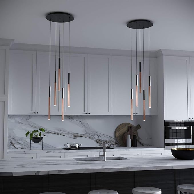 ALTAIR 5 Mini Pendant Lighting Black-Copper - LED Hanging Light Fixture for Kitchen Island, Bar, Foyer - Cluster Pendants - Dimmable, Adjustable Wire, Lamp Bulb Included