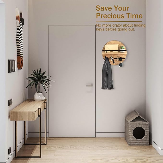 Key Holder for Wall Decorative with Shelf and Hooks, Mail Organizer Wall Mount with Sunglasses Holder, Circular Design Entryway Key Rack Hanger, Rustic Home Decor