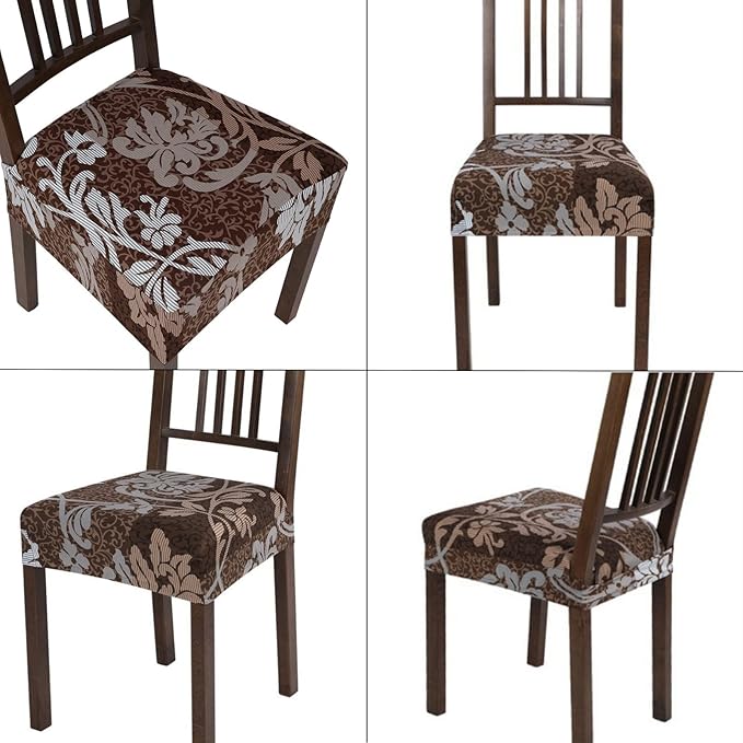 SearchI Stretch Dining Chair Seat Covers Set of 4, Soft Removable Washable Seat Cover for Dining Chairs, Dining Room Chair Cover Protector (Rear-Covered, Brown)