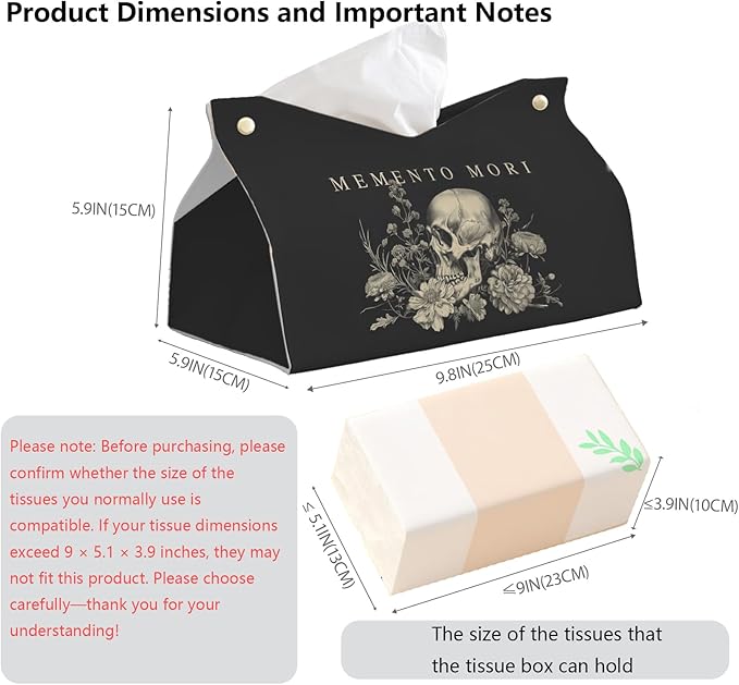 Memento Mori Skull Blck Leather Tissue Box Cover Rectangle,Academia Catholic Toilet Paper Box Holder,Gothic Decorative Facial Paper Case for Living Room Kitchen Office Desk,9.8x5.9x5.9