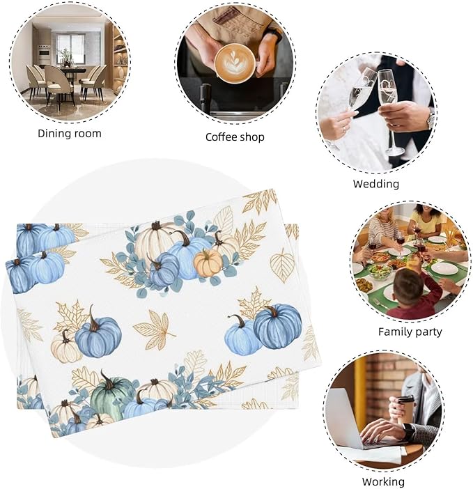 Fall Blue Pumpkin Placemats, Halloween Autumn Pumpkins Floral Golden Eucalyptus Leaves Harvest Plants Table Mats Placemat for Kitchen Dining Table, 4PCS