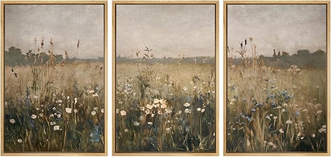SIGNWIN Framed Canvas Print Wall Art Set Wildflower Meadow Rustic Floral Field Landscape Illustrations Modern Art Decorative Rustic Calm/Zen for Living Room, Bedroom, Office - 24"x36"x3 Natural