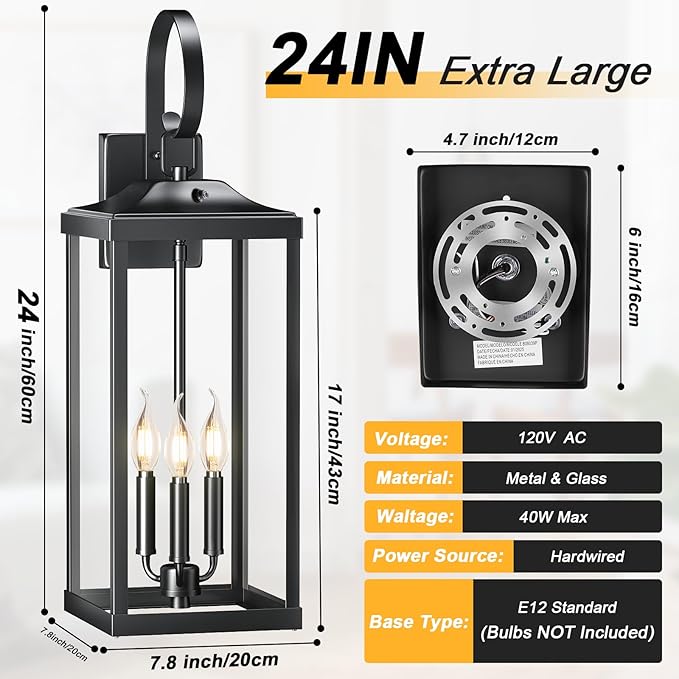 24" Extra Large Dusk to Dawn Outdoor Wall Light, Black 3-Light Waterproof Exterior Wall Mount Porch Lantern, Modern Outside Wall Sconce Coach Light with Clear Glass, E12, 1-Pack
