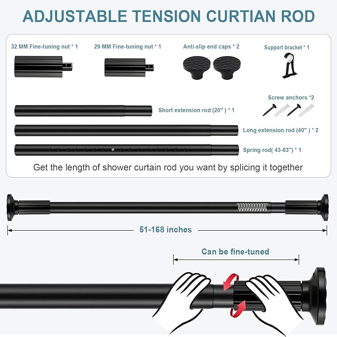 ZOCONE Tension Curtain Rod 51-168 In (4.25-14 Ft), Extra Long Outdoor Curtain Rod No Drilling for Patio Window, Adjustable Shower Curtain Rod for Bathroom, Tension Rod Diameter 1.26In Never Rust,Black