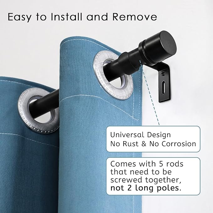 Curtain Rods for Windows 16 to 88 Inches Adjustable Length 1 Inch Diameter Window Curtain Rod with Aluminium Finials, Black