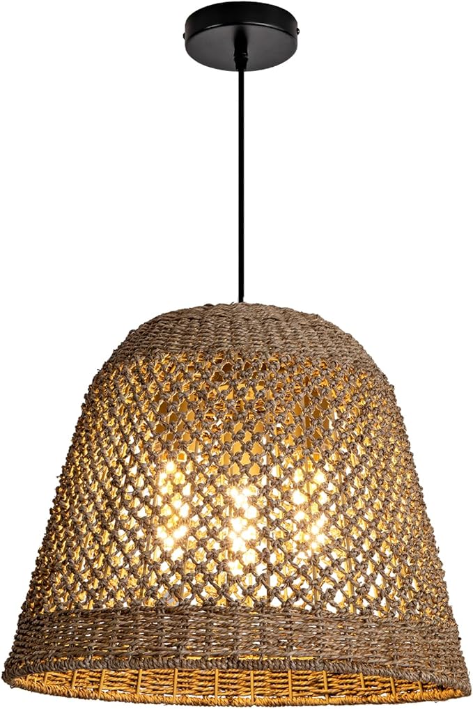 18.5" Rattan Pendant Light,3-Light Large Wicker Hanging Light Hand Woven Water Plants Rattan Chandelier Boho Seagrass Pendant Light Fixtures for Dining Living Bedroom Kitchen Restaurant