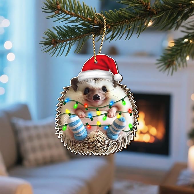 Christmas Hedgehog Ornament, 2-Side Printed Wooden Hanging Decoration for Tree, Xmas Gift for Hedgehog Lovers