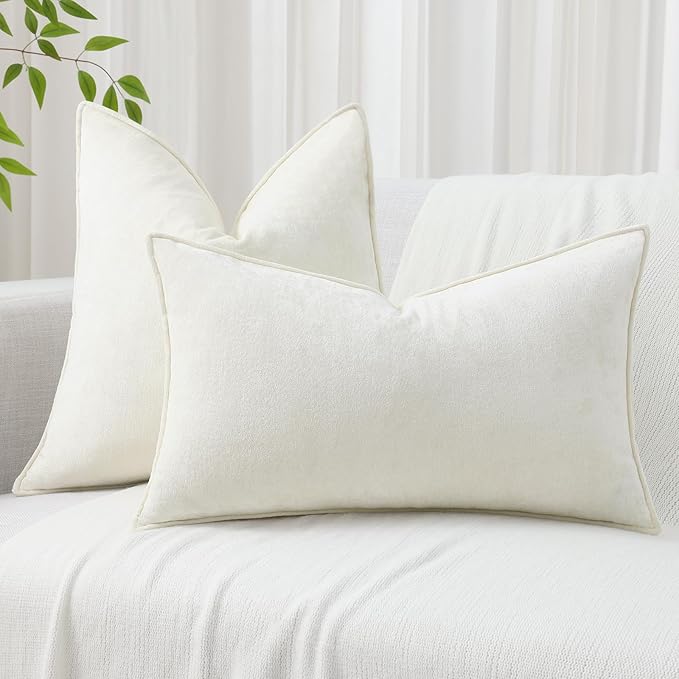 decorUhome Christmas Couch Throw Pillow Covers 12x20 Set of 2, Decorative Soft Euro Velvet Neutral Chenille Lumbar Pillow Covers with Elegant Design for Sofa Bed Living Room Home Decor, Cream White