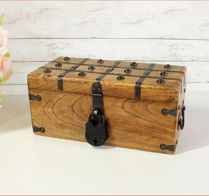 Nautical Cove Treasure Chest Wooden Box with Antique Iron Lock and Skeleton Key (Medium 12.5x6x5.5) - Storage and Decor – Pirate Chest, Decorative Storage Chest with Hinged Lid, Wood Treasure Box