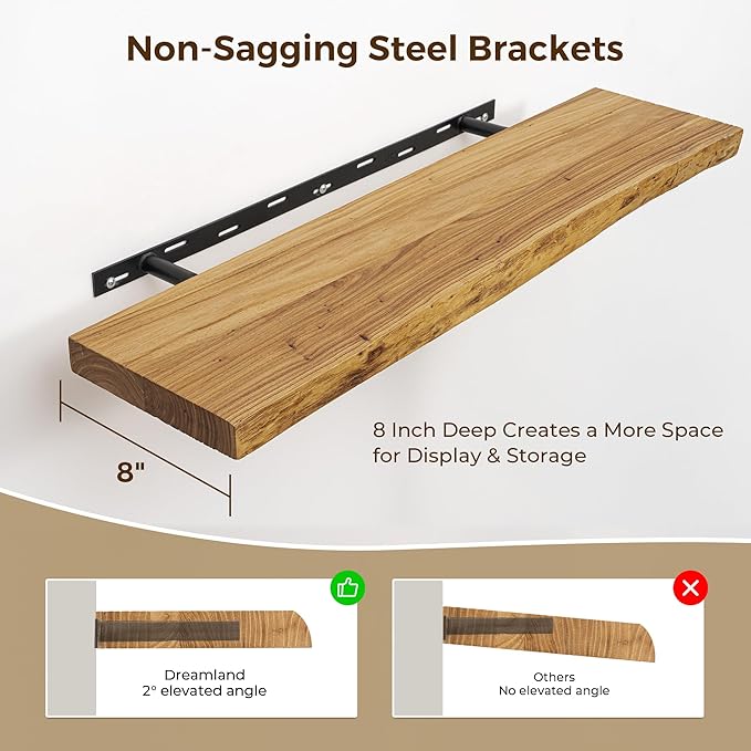 Rustic Wood Floating Shelves for Wall Decor, Reclaimed Elm Wood Live Edge Shelves 48 Inch Long, 8 Inch Deep Floating Shelf for Living Room Bathroom Bedroom, 48 x 8 Wall Shelves Set of 1, Natural Color