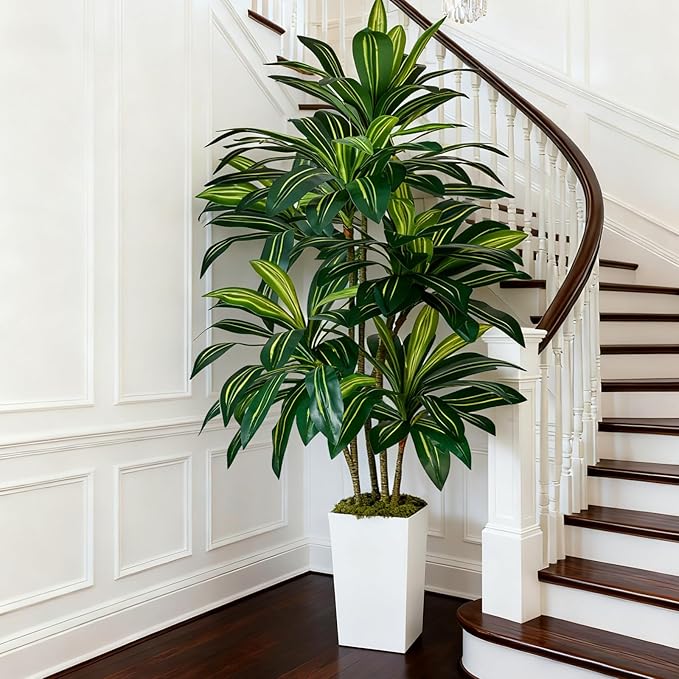 Artificial Dracaena Plant 6FT - Fake Tree with Tall Planter and Fairy Lights, Artificial Trees Faux Yucca Plants Indoor, Fake Plants for Home Office Living Room Decor Christmas