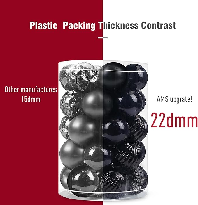 AMS 2.36''/60mm 34ct Christmas Ball Large Ornaments Party Decorations Shatterproof Festival Pendant Hangings for Xmas Tree Decor (60mm, Black)