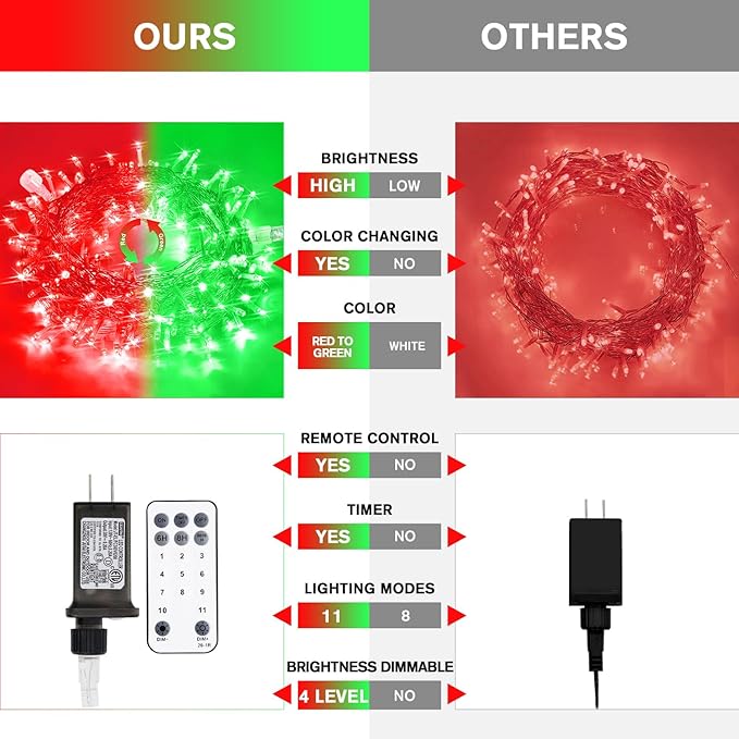 JMEXSUSS 100 LED Red & Green Christmas Lights Plug in, Christmas String Lights Indoor, 33ft Connectable Color Changing Light Outdoor for Party Decor