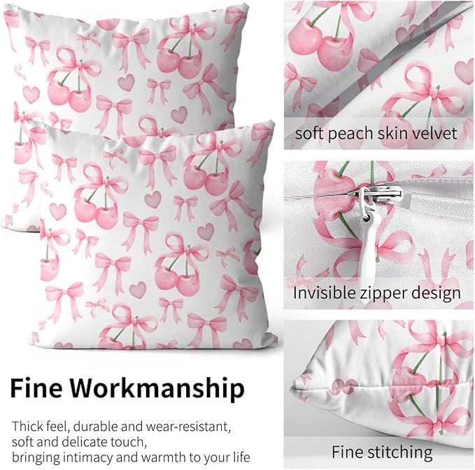 Bow Pillow Protectors with Zipper Standard Size Coquette Cherry Print Pillow Covers Set of 2 Preppy Bed Pillowcases Protector for Girl Woman Pink and White Bed Pillow Covers 36"X20"