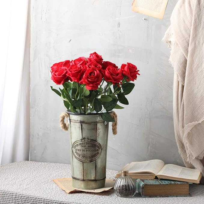 Nubry Artificial Silk Rose Flower Bouquet Lifelike Fake Rose for Wedding Home Party Decoration Event Gift 10pcs (Red)