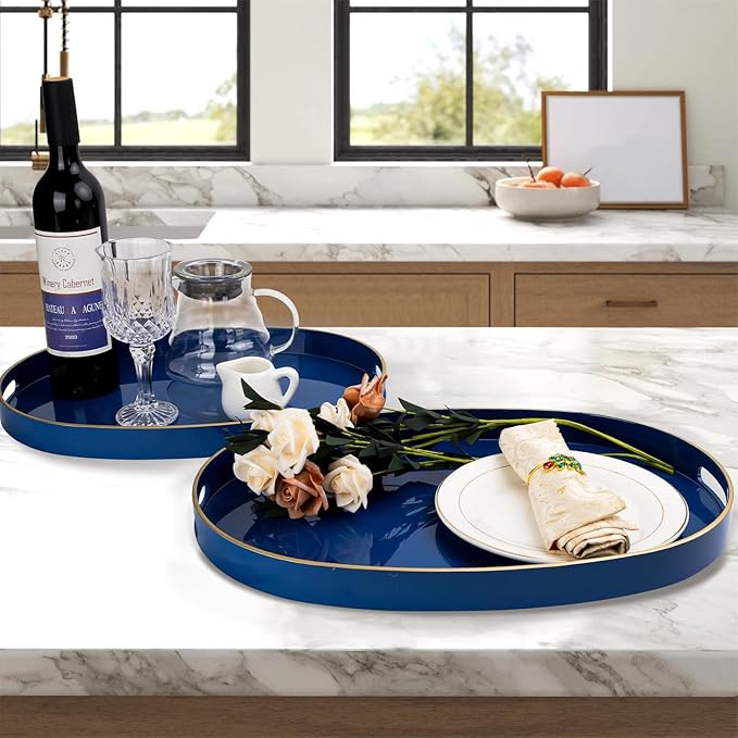 MAONAME Blue Serving Trays with Handles, Oval Decorative Tray for Coffee Table, Nesting Trays Set of 2, Plastic Vanity Tray for Ottoman, Living Room