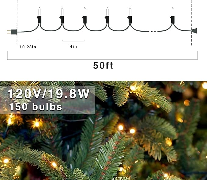 150-Count Warm White LED Mini Christmas String Lights, 50 Ft White Wire, UL Certified Connectable, Xmas Lights Outdoor or Indoor
