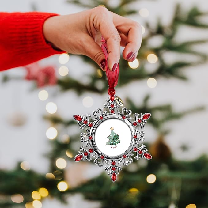 2025 Snowflake Picture Frame Christmas Ornaments 2" Metal Hanging Pendant for Tree Small Decorative Keepsake, Display Photo for Baby and Pet (Red (2025))