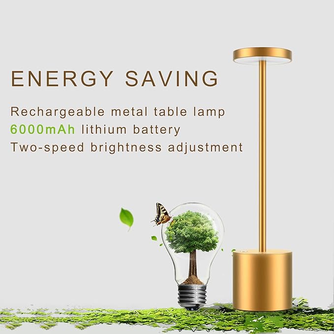 Cordless Table Lamp, Rechargeable LED Battery 6000mAh Metal USB Portable Powered Desk Lamp, 3 Levels Brightness Light for Restaurants Outdoor (13.25in Gold)