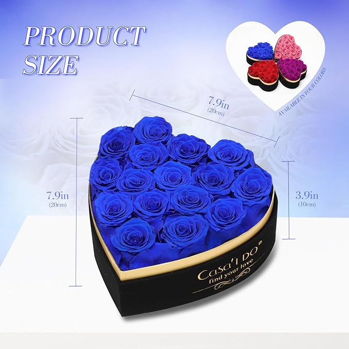 Preserved Roses Flowers for Delivery 16 Pcs, Forever Flores in Heart Box with Necklace, Eternal Rose Anniversary Birthday Gift for Women Wife Girlfriend, Rosas for Valentines Christmas, Blue