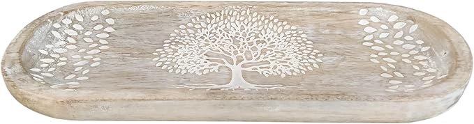 VANIYA CRAFTS® Wooden Handmade Tree of Life Design Boat Shape Incense Holder Stand Insence Tray for Sticks Home Decor Restaurant (11X4,Antique White)